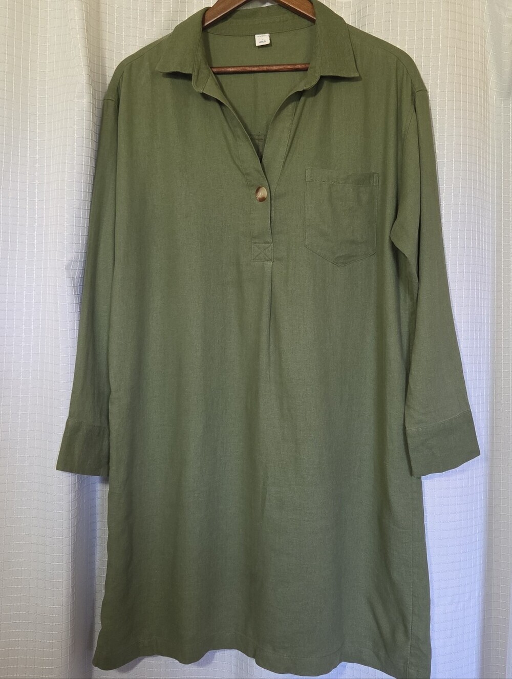 Old Navy Casual Olive Green Linen Blend Midi Shirt Dress Size L Beachy Coastal